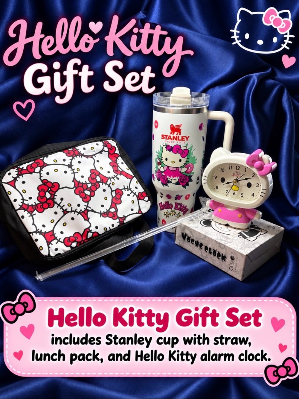 Hello Kitty Pink and White Kids Gift Set - Lunch Pack, Stanley Cup & Alarm Clock